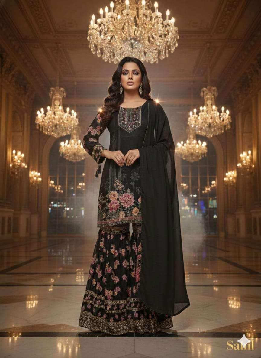 SHADI FESTIVAL CREAPE BLACK COLOR FLOWER PRINT SHARARA SUIT ...