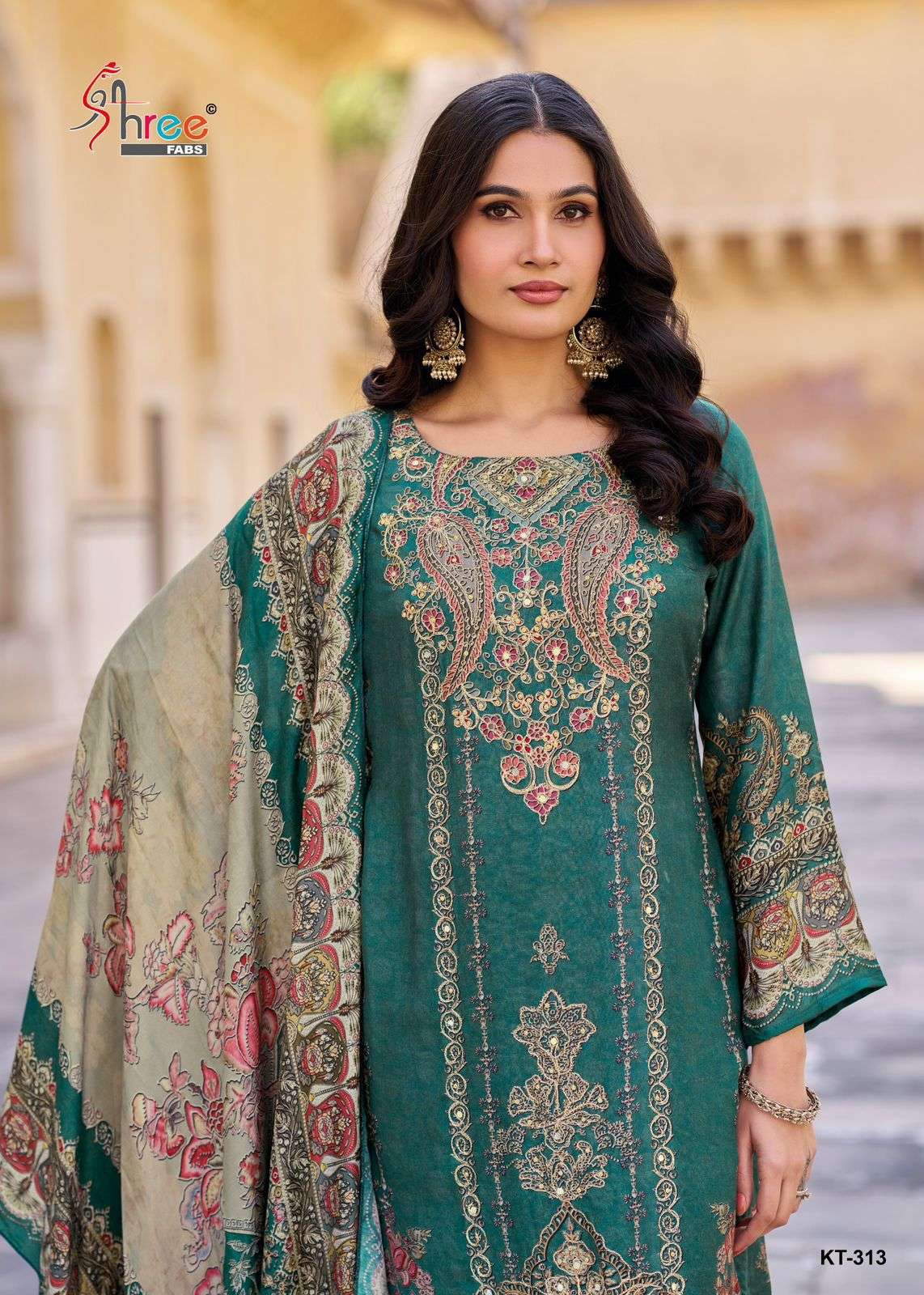 SHREE FABS KT 313 MUSLIN FLORAL PRINT AARI WORK 3 PIECE SUIT...