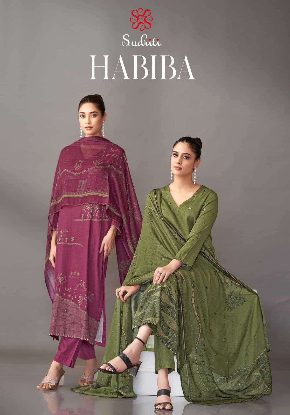 SUDRITI HABIBA ITALIAN SATIN DIGITAL PRINT SUIT WITH HIGH FU...