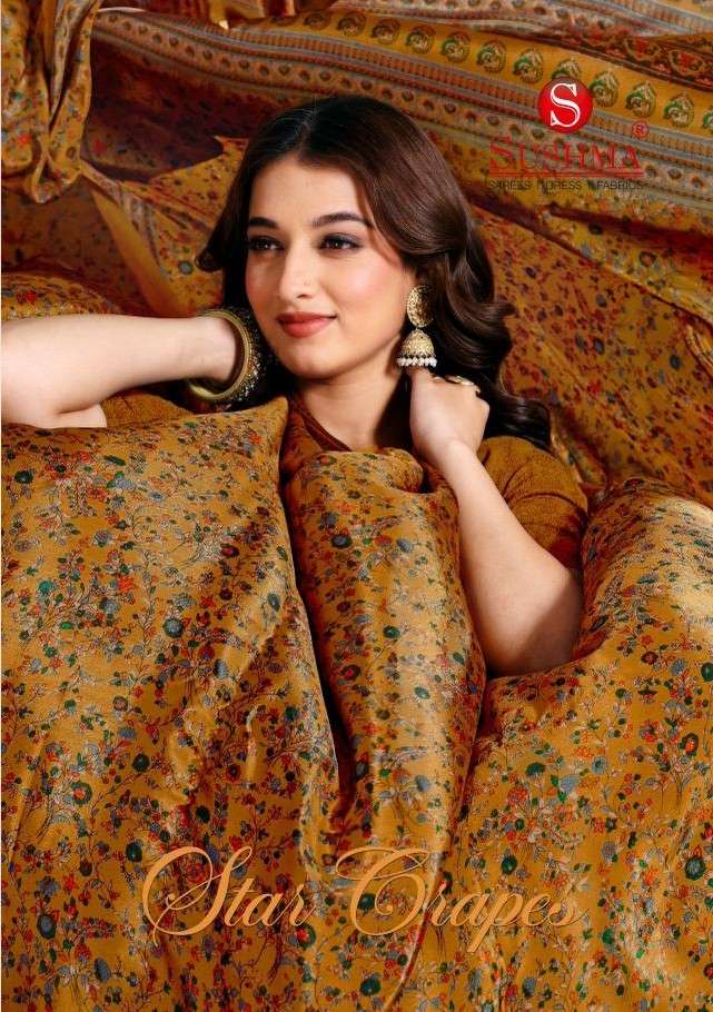 SUSHMA STAR CRAPES FABRIC PRINTED SAREE COLLECTION WHOLESALE...