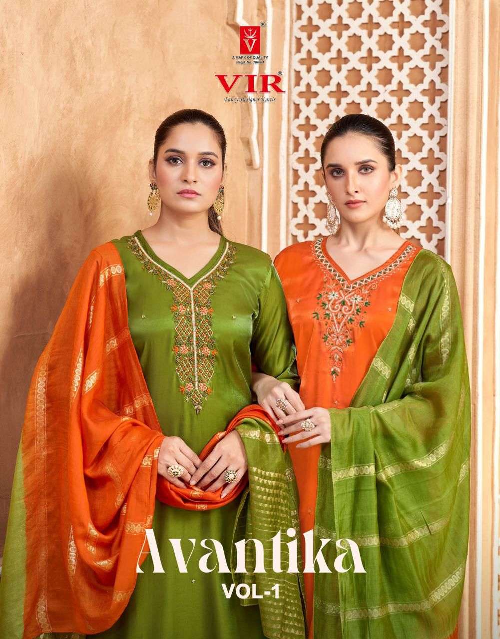 VIR AVANTIKA VOL 1 ROMAN FABRIC HANDWORK READYMADE SUIT FEST...