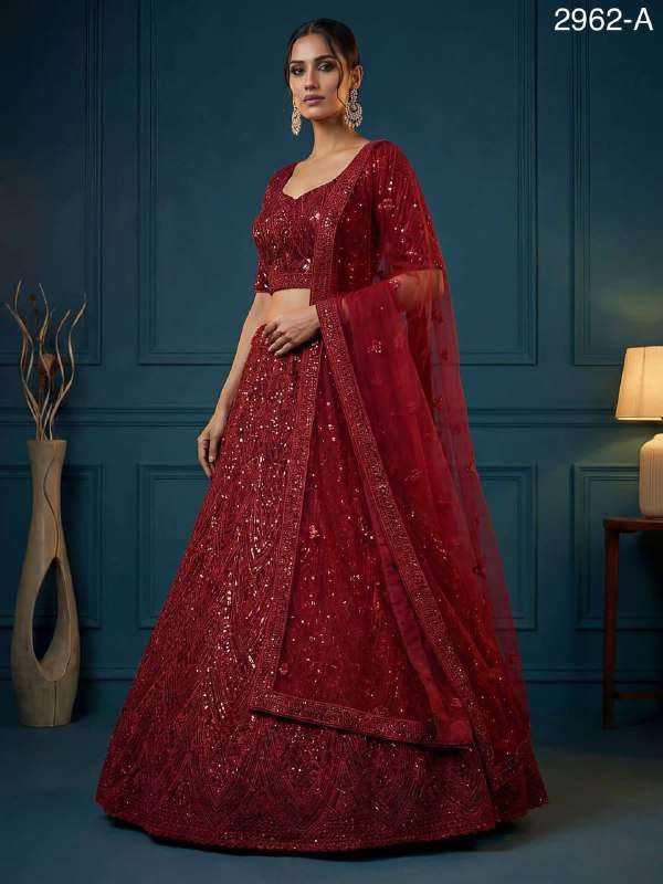 2962 ATTRACTIVE SEQUINCE AND GOLDEN PATI WORK WEDDING LEHENG...