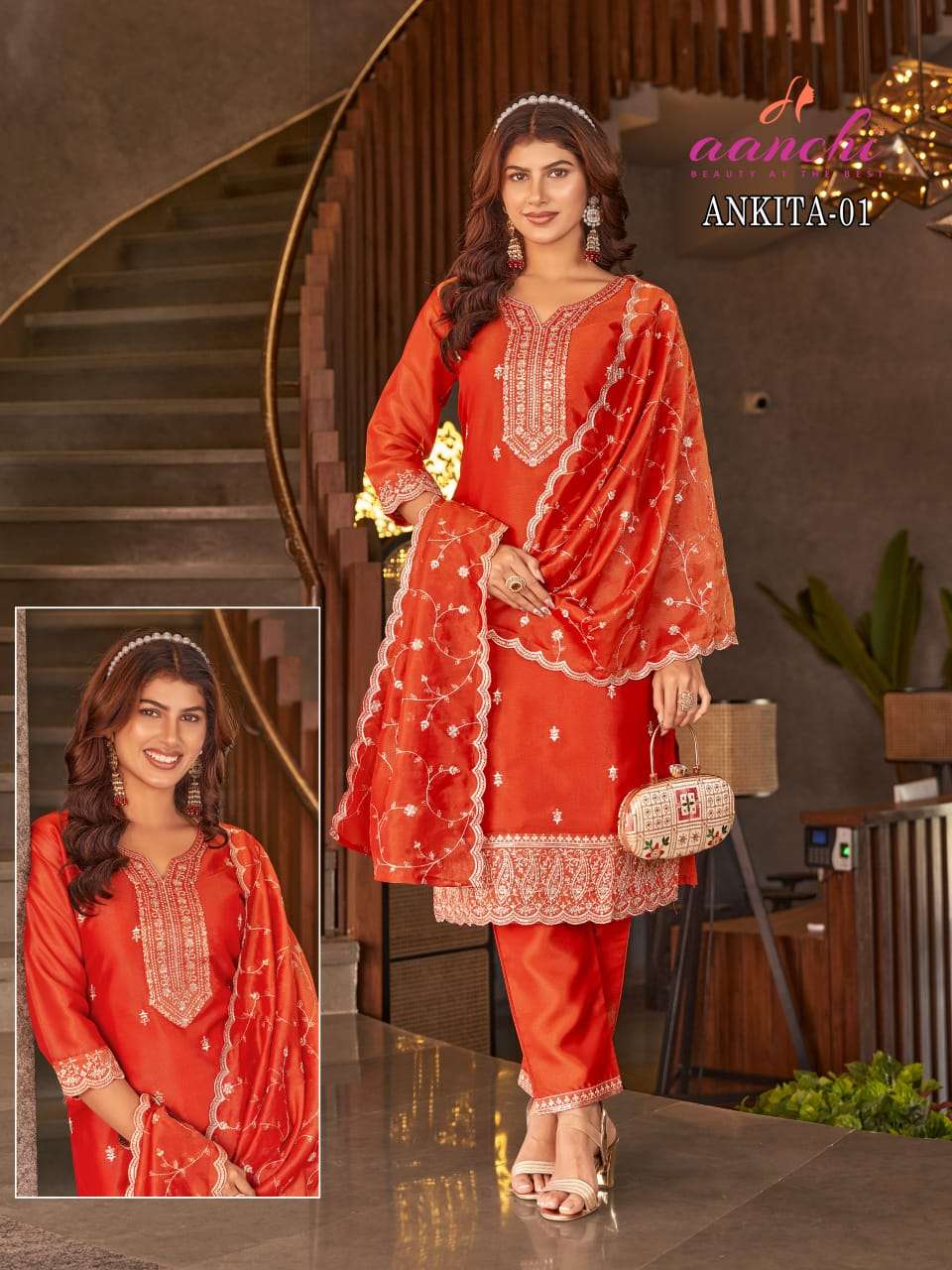 AANCHI ANKITA 01 02 TISSUE SHIMMER DESIGNER STITCHED SUIT WE...