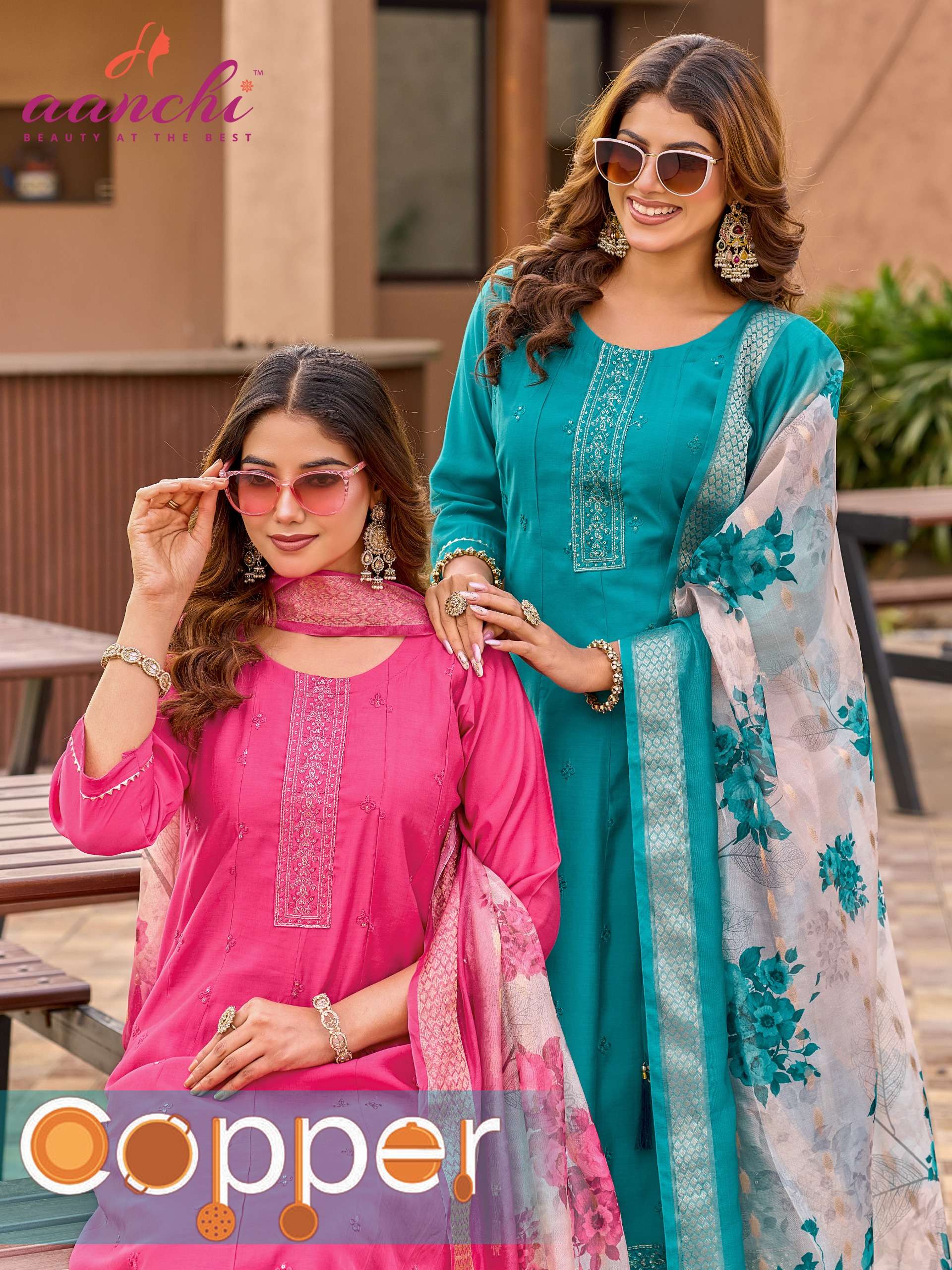 AANCHI COPPER BRAND STITCHED RUND KURTI 3 PIECE SUIT AT CELE...