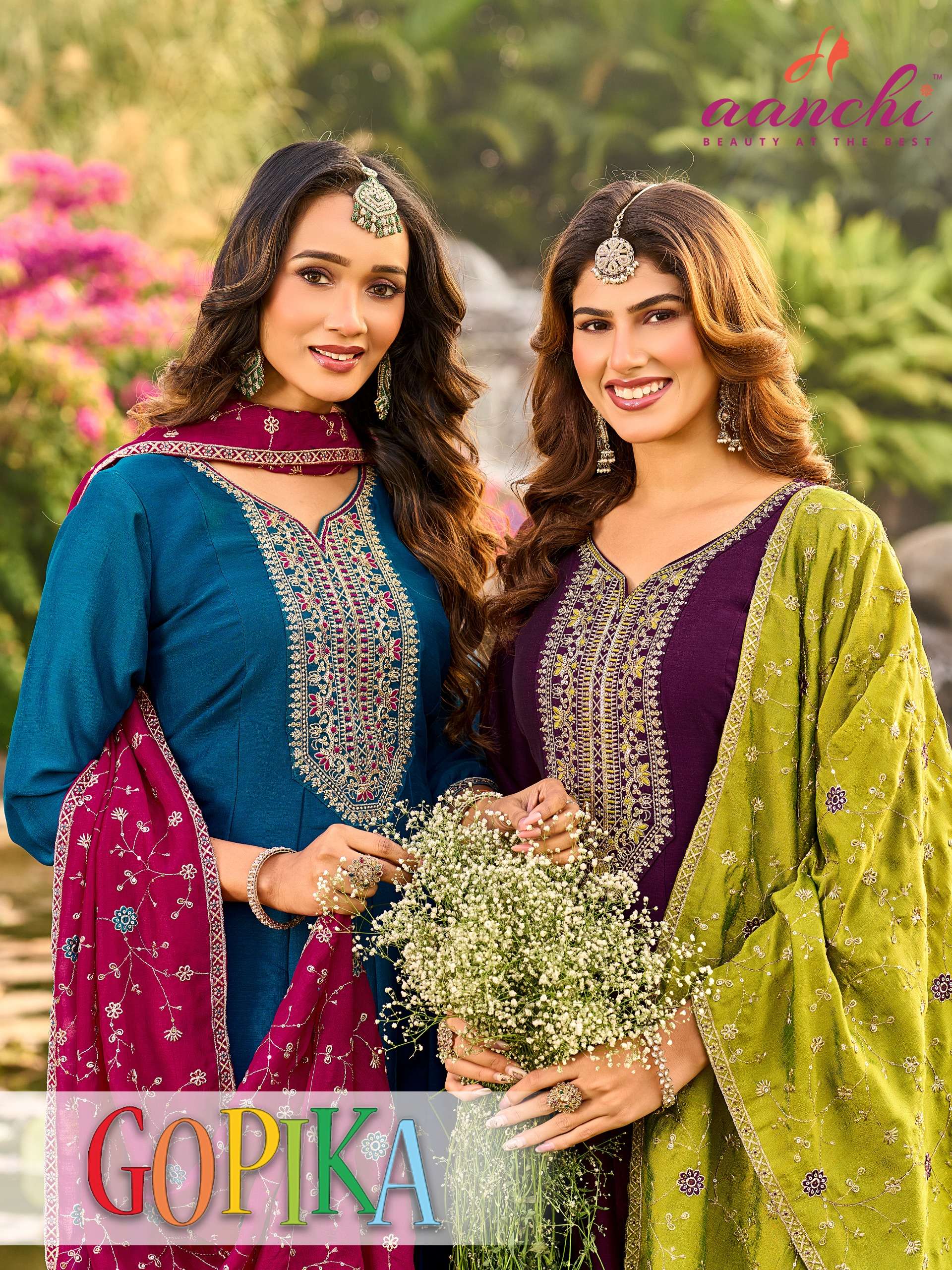 AANCHI GOPIKA 3 PCS FLAIR SUIT FANCY CONTRAS DUPATTA CATALOG...