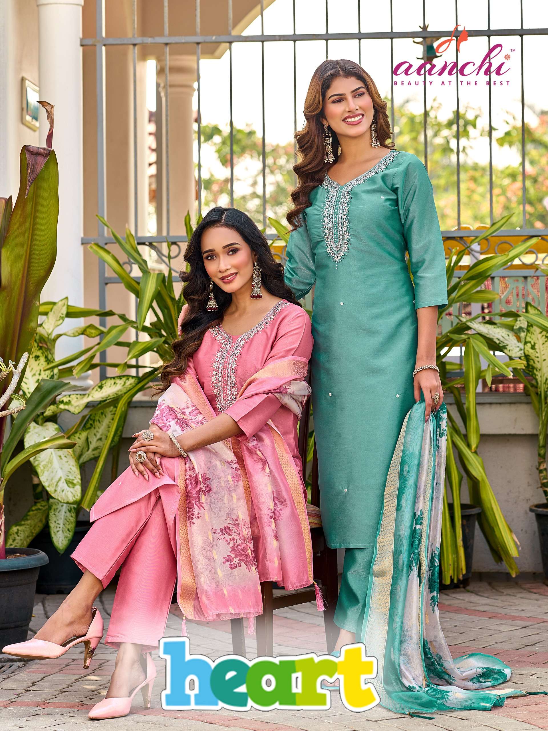 AANCHI HEART BARSANA SILK NECK WORK SALWAR SUIT 3 PCS STRAIG...