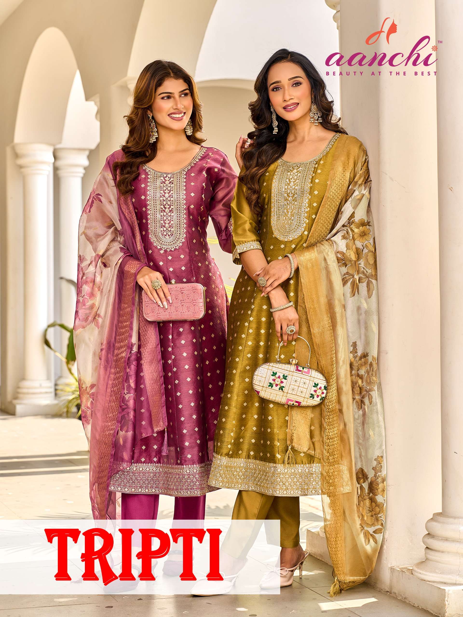 AANCHI TRIPTI SHIMMER JACQUARD BUTTI ANARKALI KURTI 3 PCS CA...