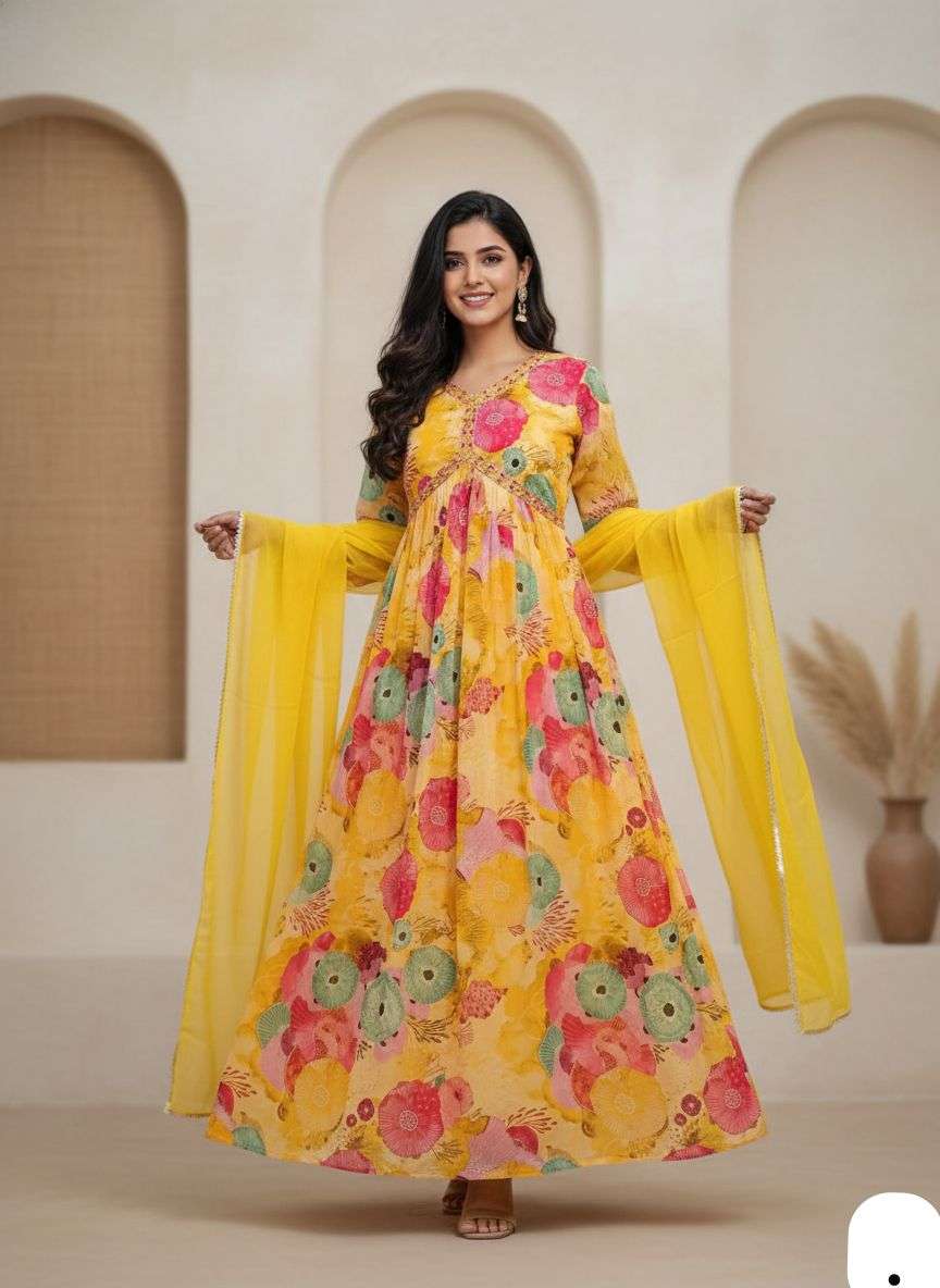 ALIA CUT KURTI GEORGETTE FABRIC FLORAL PRINT YELLOW GOWN KUR...