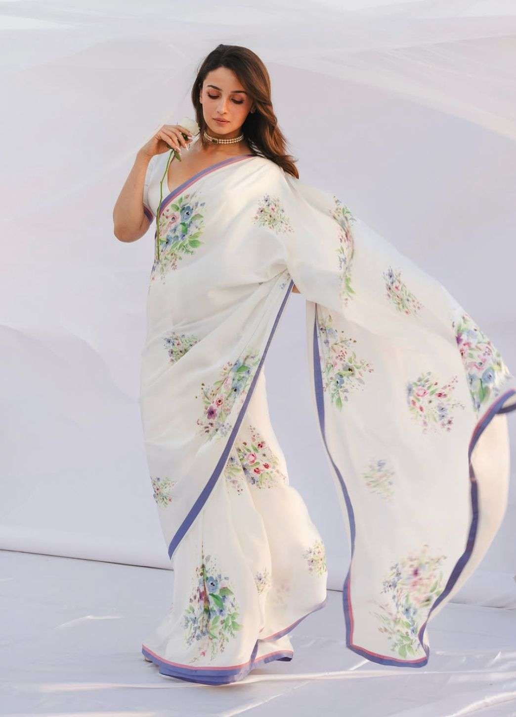 Alia white Fabric Flower Design Silk Saree Regular wear sare...