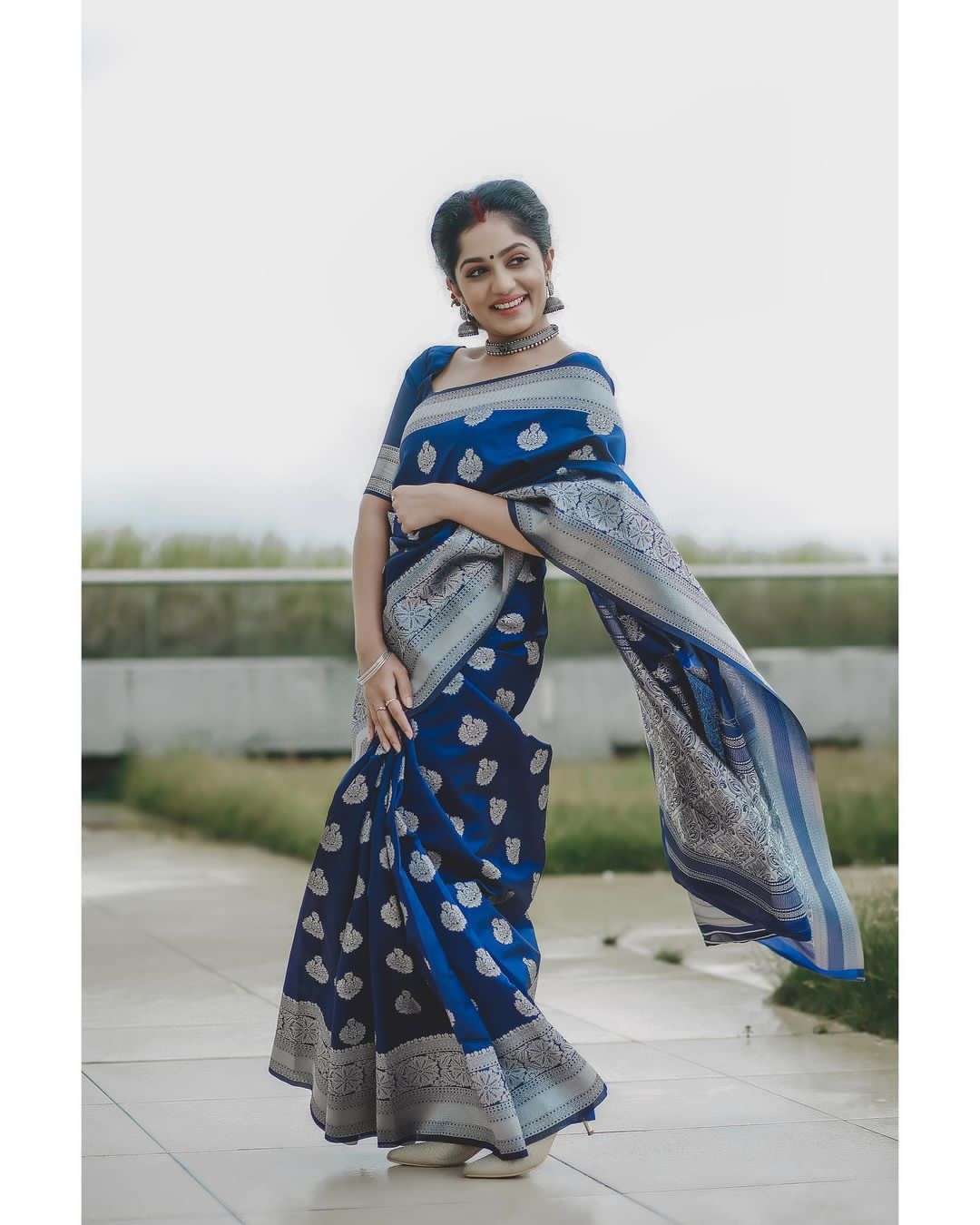  BEAUTIFUL RICH PALLU & JACQUARD SILVER PRINT BLUE SAREE DEA...