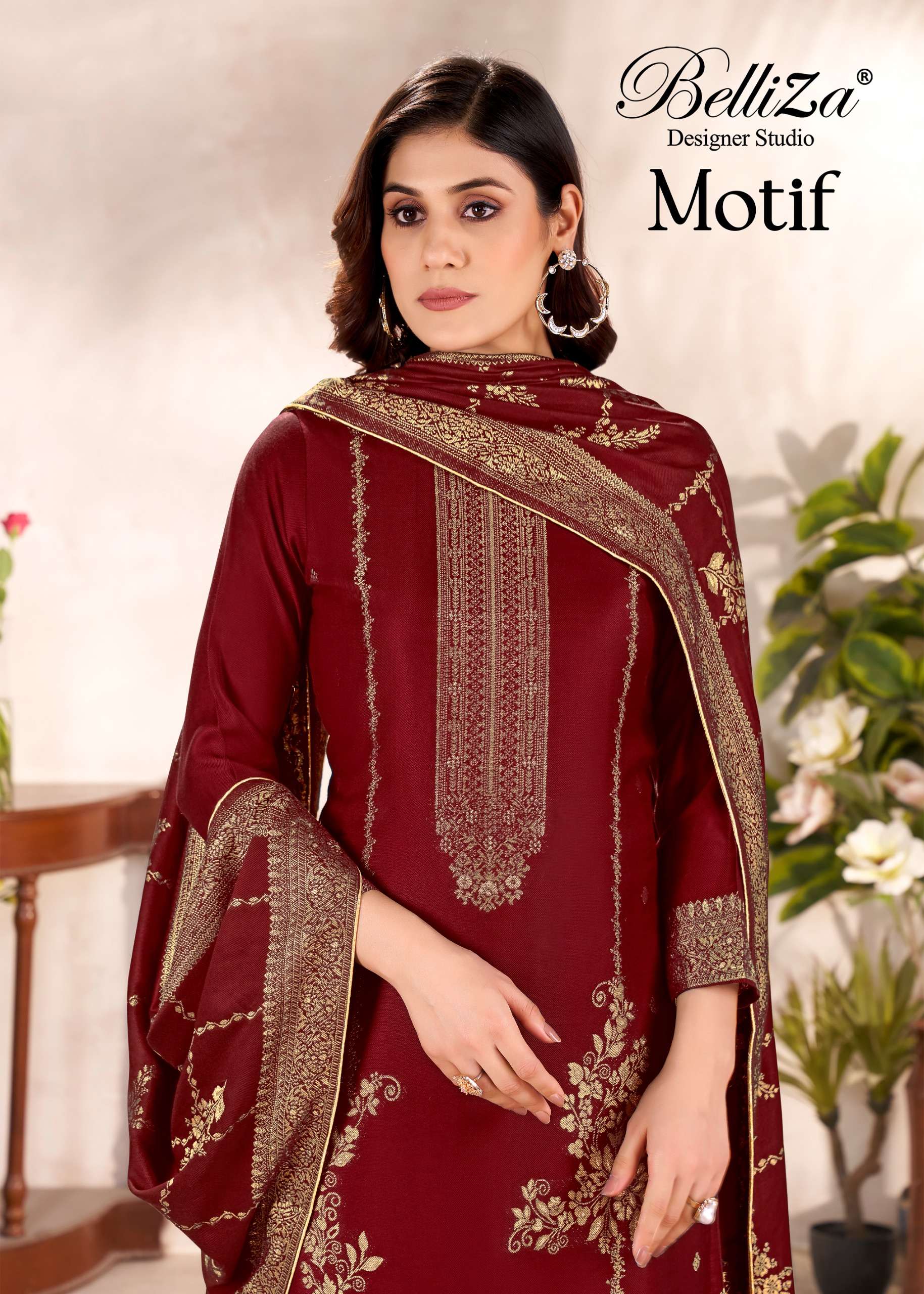 BELLIZA DESIGNER STUDIO MOTIF WINTER PASHMINA DESIGN SUIT LA...