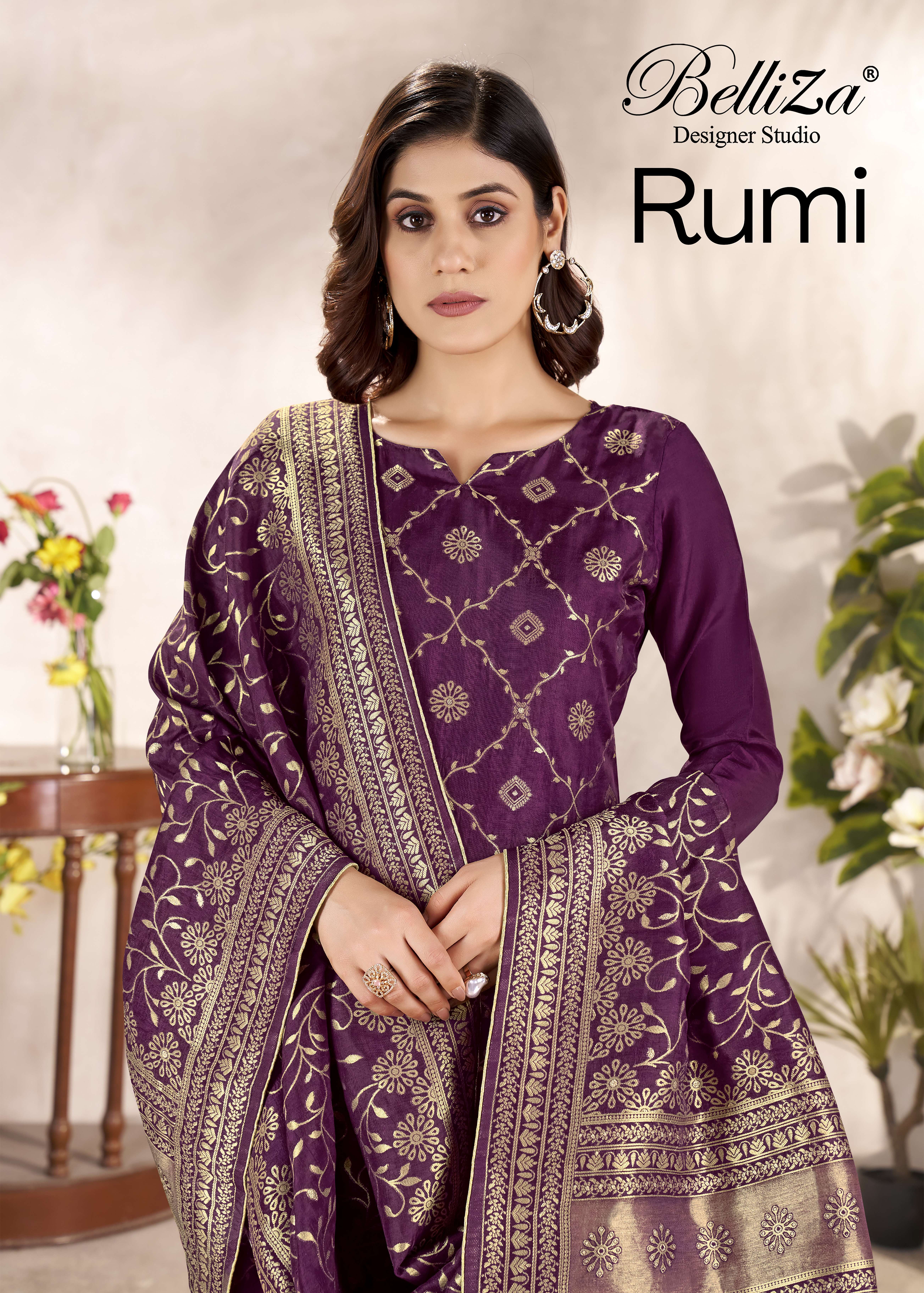 BELLIZA RUMI PURE DOLA SILK GOLD PRINT SALWAR SUIT TRADITION...