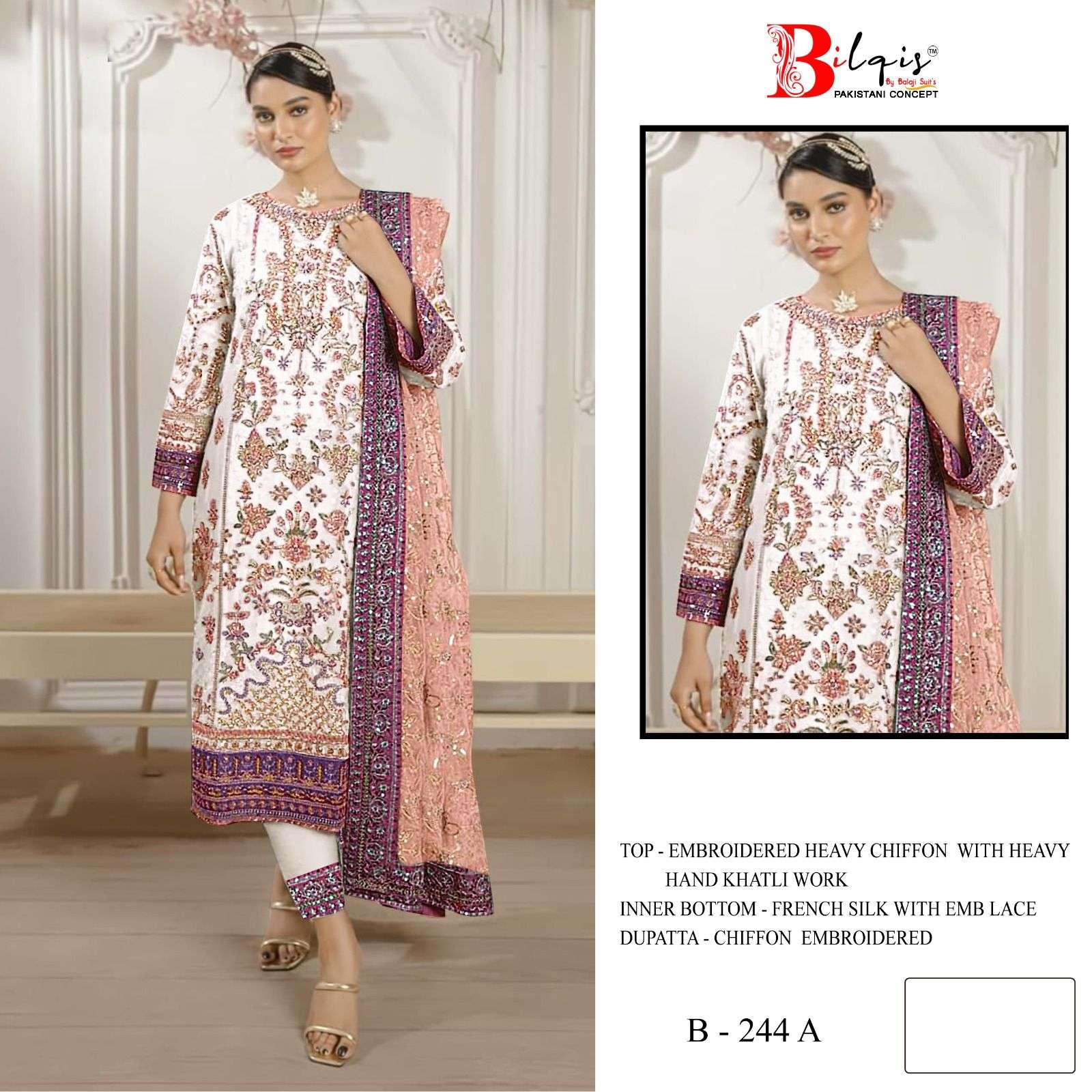 BILQIS B 244 CHIFFON HEAVY EMBROIDERED SUIT FOR PAKISTANI ST...