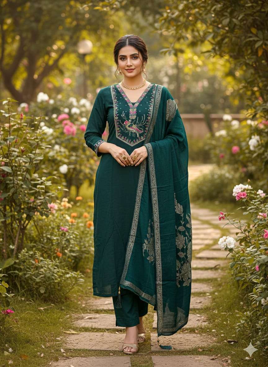 BIRD BOUTIQUE ROMAN FABRIC KURTI PANT DUPATTA AT FESTIVAL SH...