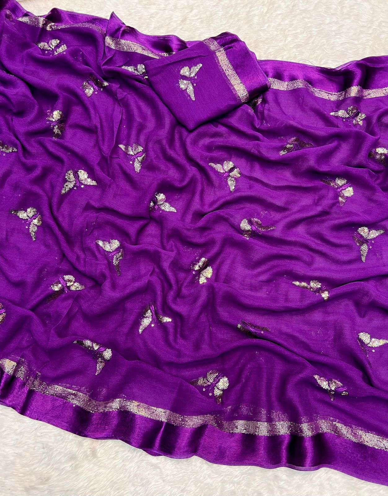  Butterfly Satin Patta Pure Viscose Georgette Saree With Fan...