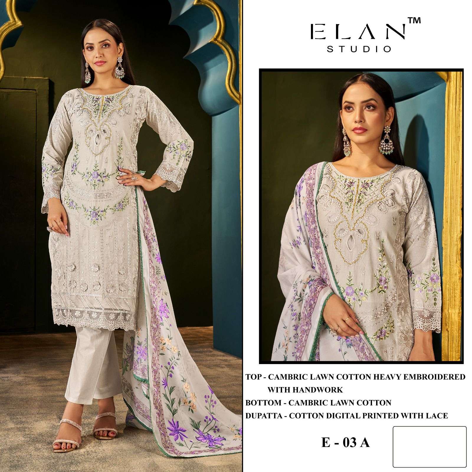 ELAN STUDIO E 03 CAMBRIC LAWN COTTON HEAVY EMBROIDERED PAKIS...