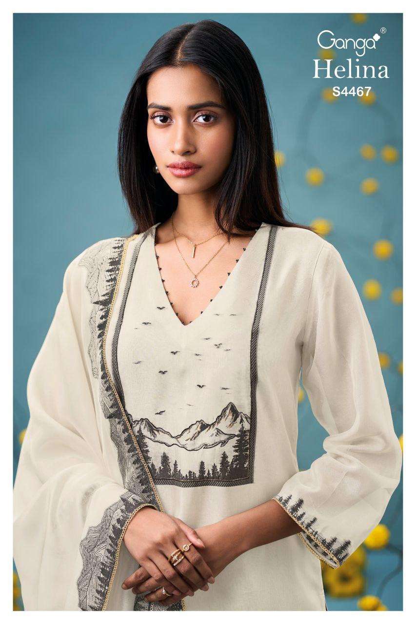 GANGA HELINA 4467 SILK JACOUARD PRINT DAMAN & SLEEVES WHITE ...