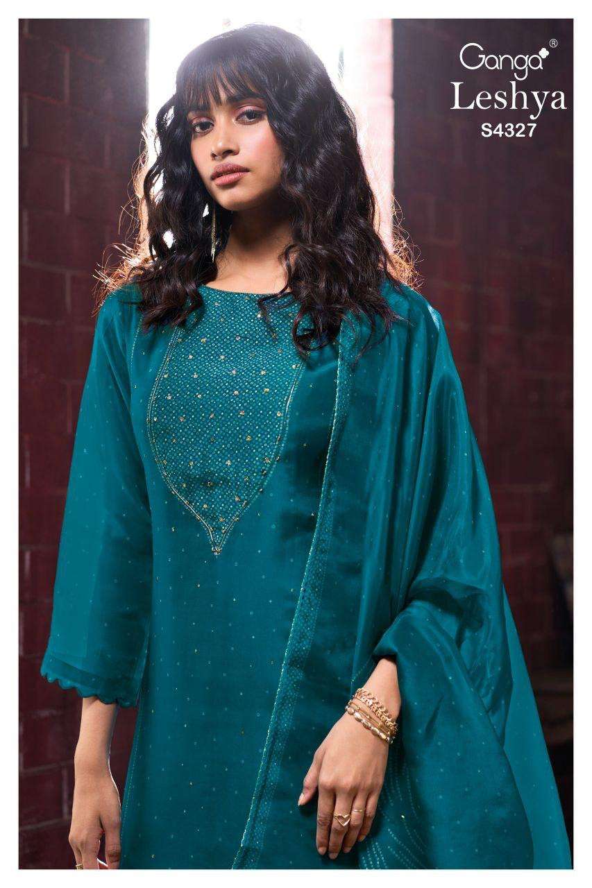 GANGA LESHYA 4327 SATIN PRINTED WITH HAND WORK SALWAR SUIT S...