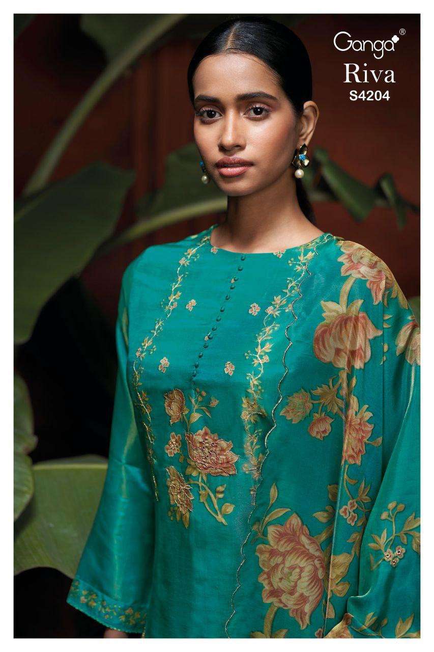 GANGA RIVA 4204 SILK JACOUARD PRINTED JARI CROCHET LACE ON D...