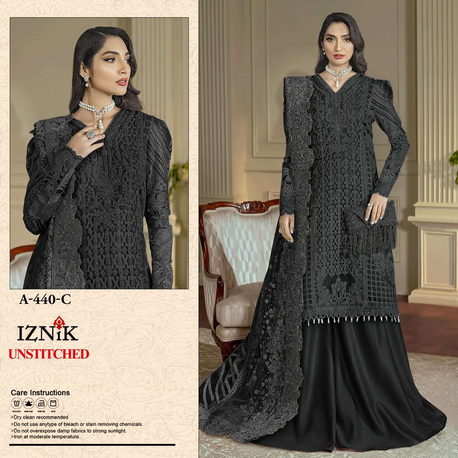 IZNIK FAB A 440 CHIFFON FABRIC HEAVY EMBROIDERY SHARARA SUIT...
