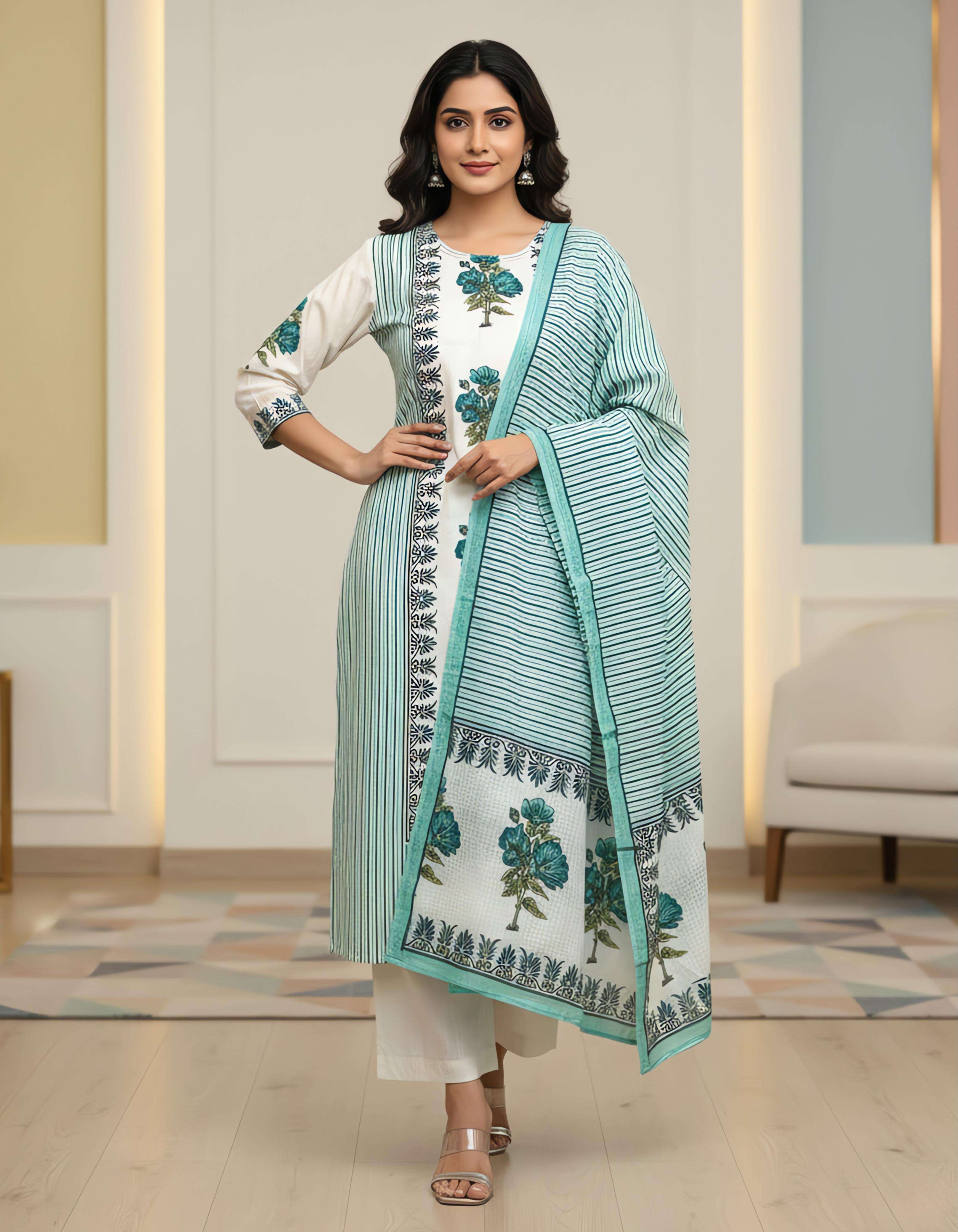 JAIPUR COTTON WHITE AND GREEN DESIGNER SALWAR SUIT YOUNG STY...