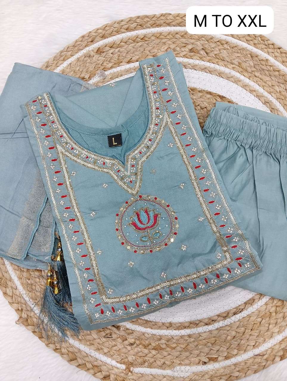 KAMAL NECK EMBROIDERY KURTI PANT DUPATTA AT REGULAR CLOTH RE...