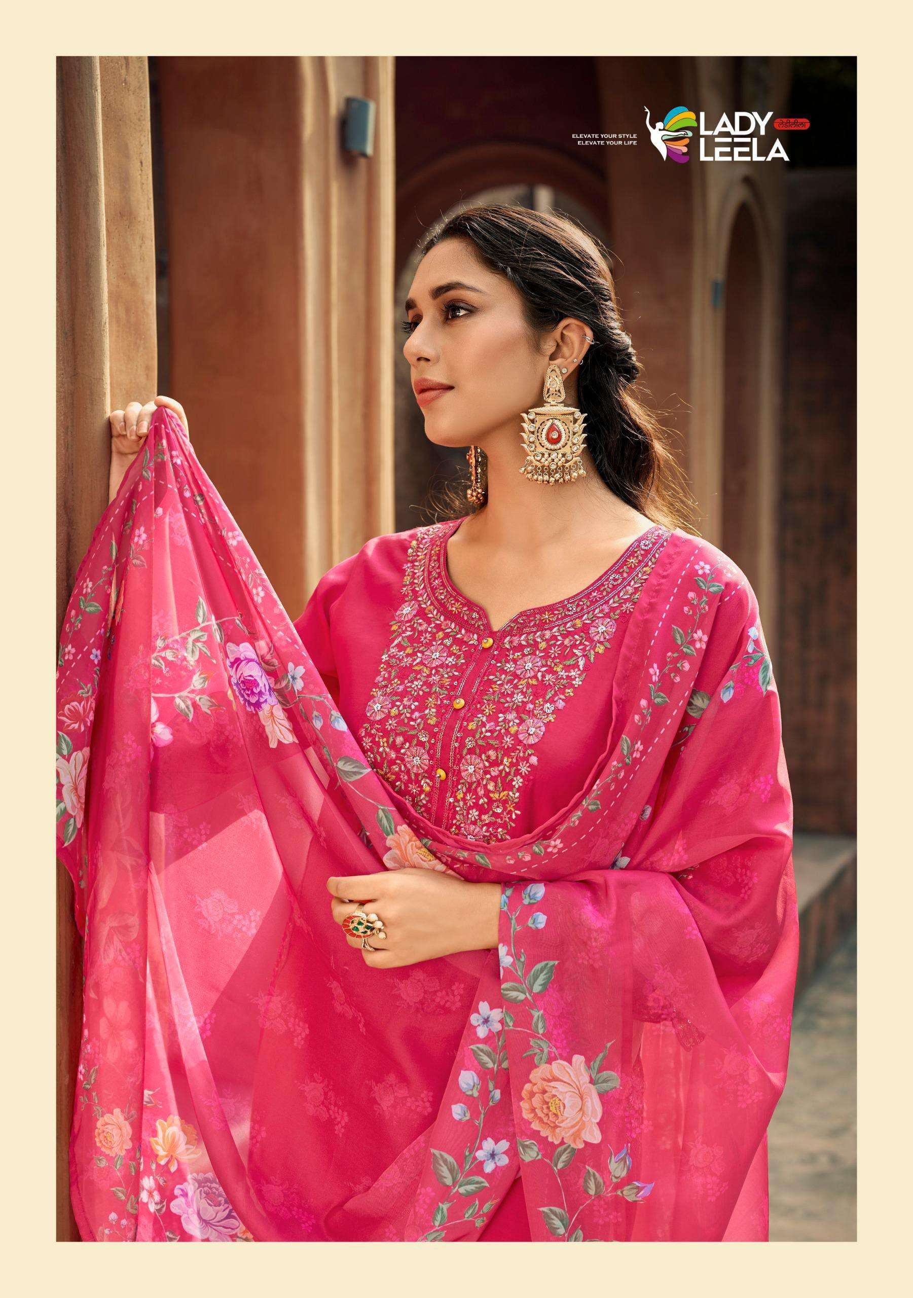 LADY LEELA GULMOHAR DESIGNER KURTI SILK PANT WITH ORGANZA DU...