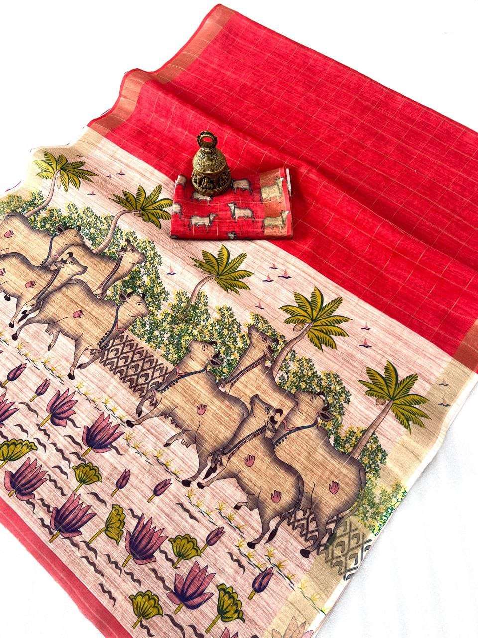  Linen Fabric in animal & Flower print With Gold jari border...