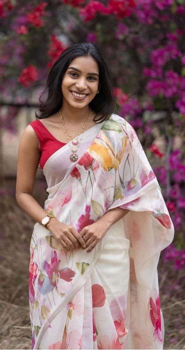  Linen Soft Fabric With Flower design and Regular Wear Saree...