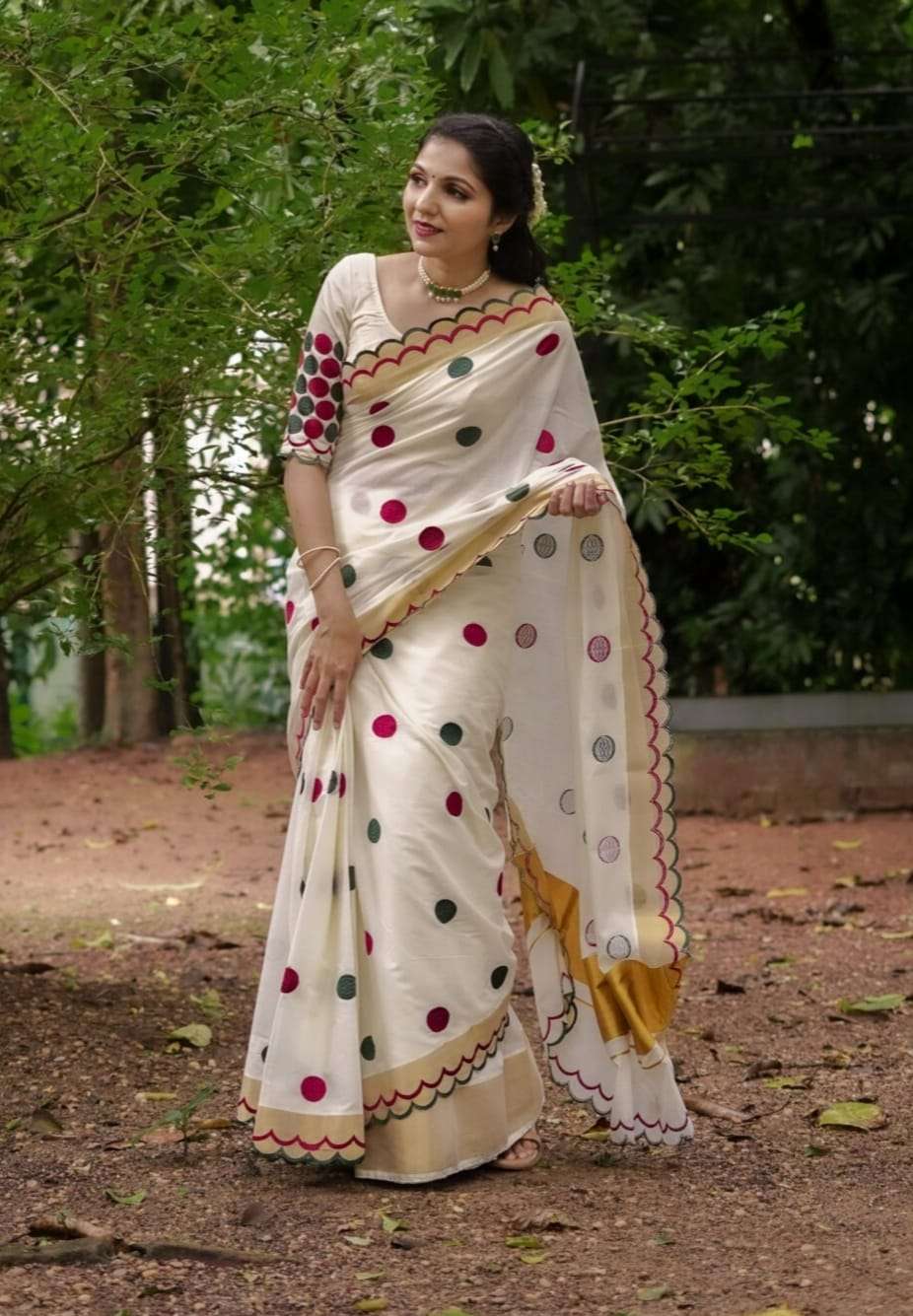 Linen with multi colour small round circle & Gold Jari borde...