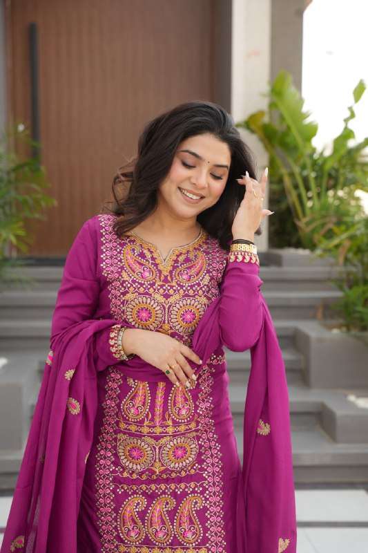 LW 9306 SILK WITH MULTI WORK SUIT READYMADE TOP PANT WITH DU...