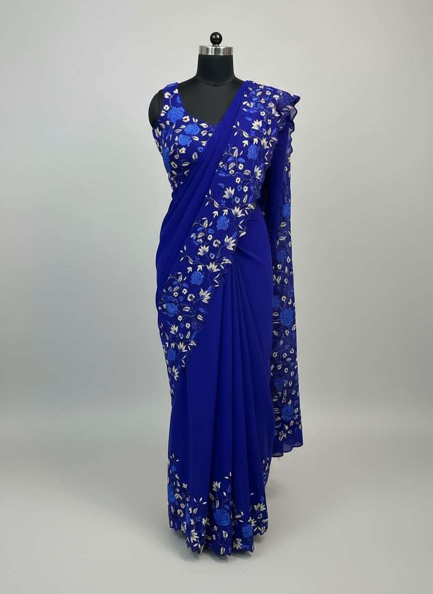 Mani Georgette with embroidery work butta with scalloped bor...
