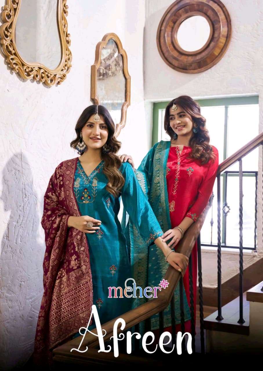 MEHER AFREEN GLASS SATIN STRAIGHT CUT KURTI SET FESTIVAL CLO...