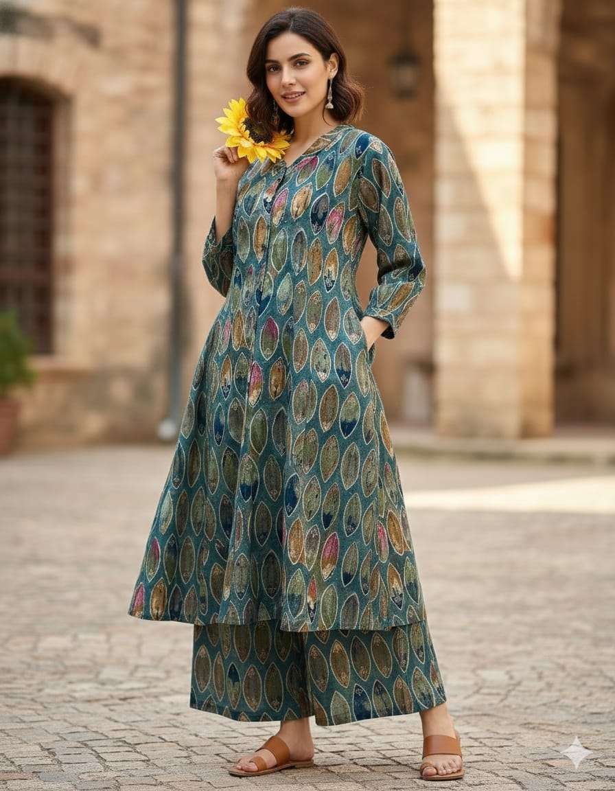 OFFICE WEAR A LINE KURTI PALAZZO SET AT CORD SET TREND INDIA...