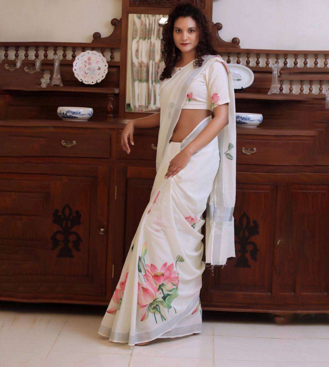 Original Linen With Lotus Flower Design Printed And Silver J...