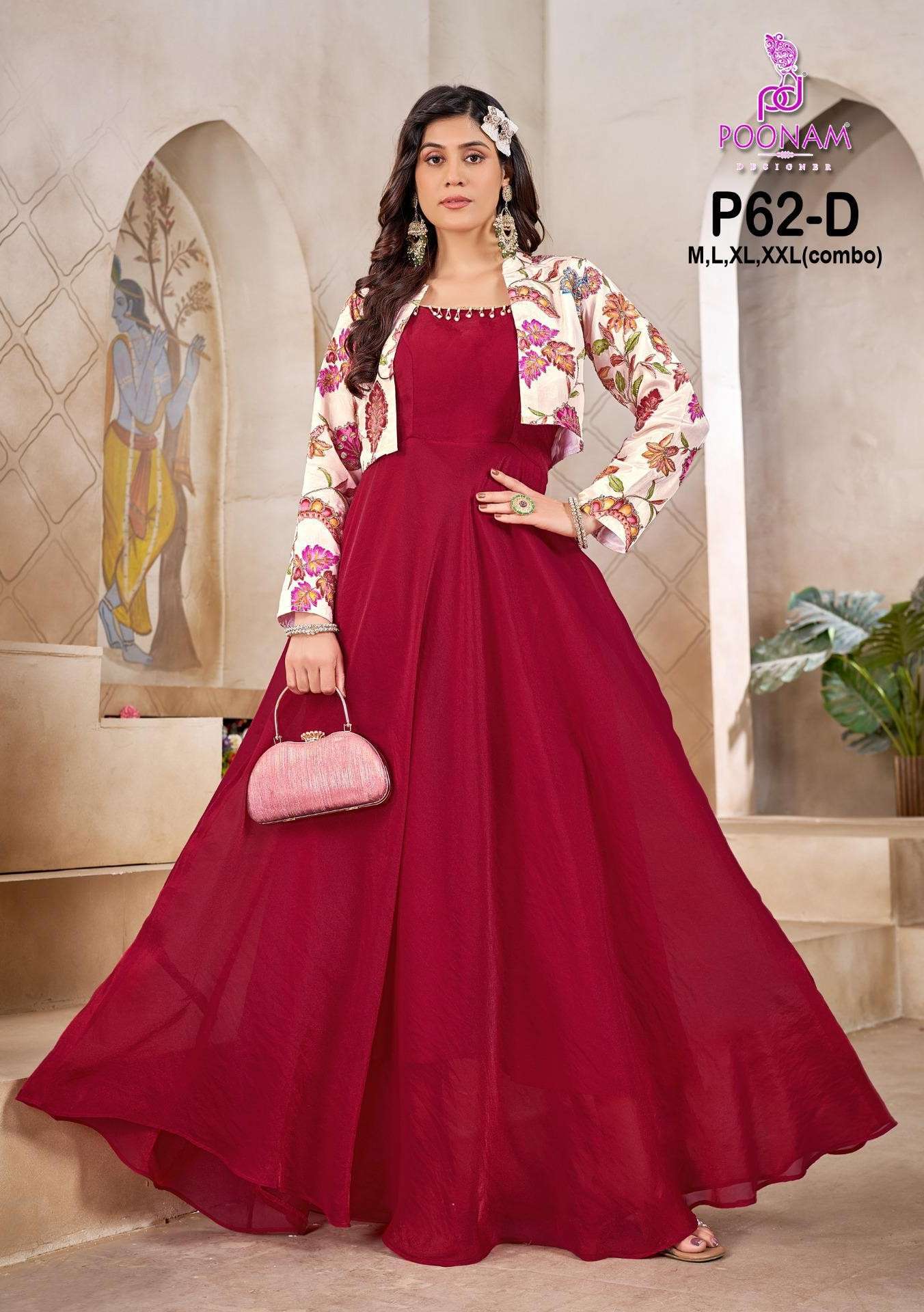 POONAM DESIGNER P62 BOUTIQUE SILK GOWN POSITION PRINT JACKET...