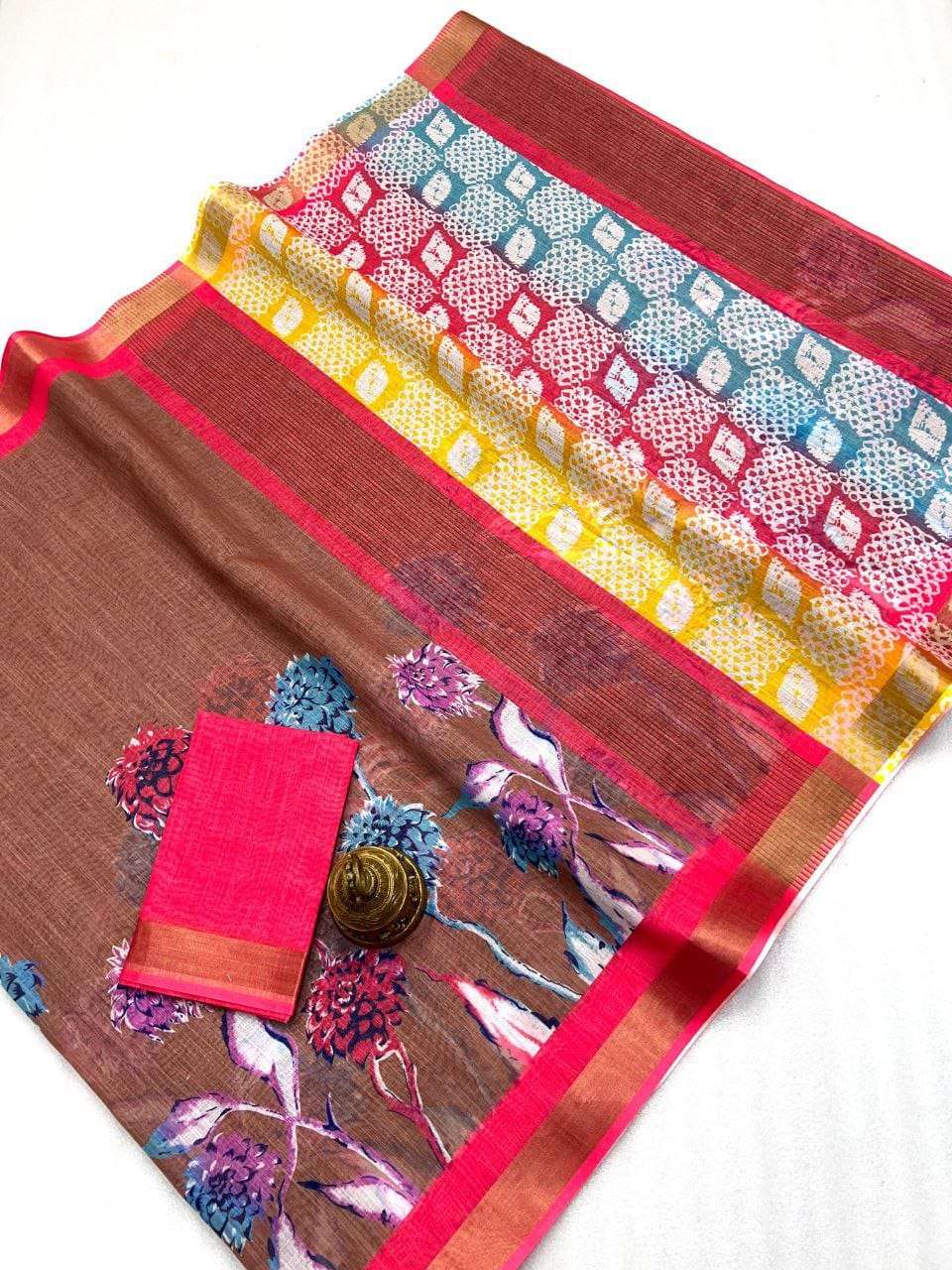 Pure Linen with Gold Jari Border Elegance Redefined Collecti...