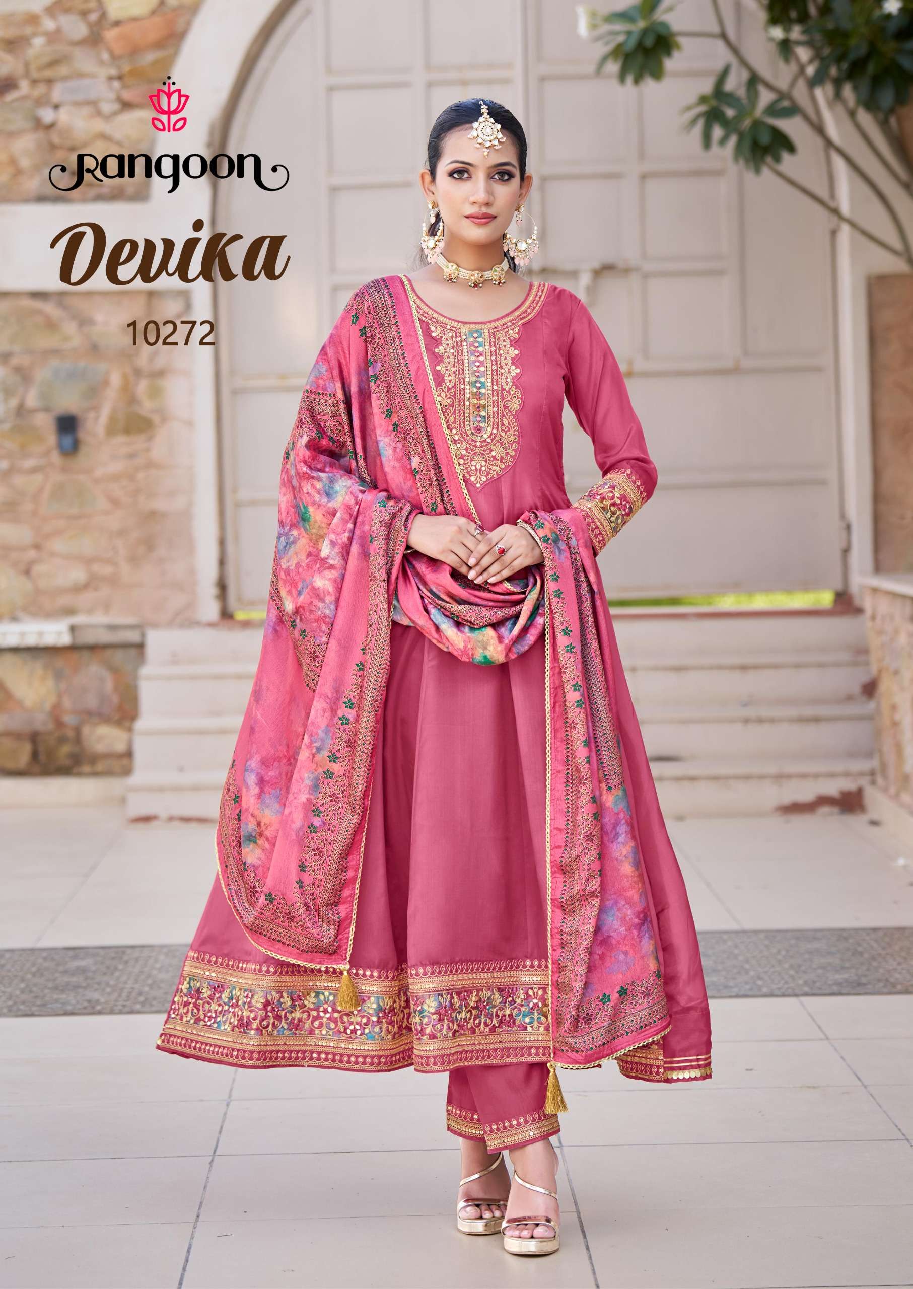 RANGOON DEVIKA MIRROR & PRINTED DESIGNER ANARKALI STYLE KURT...