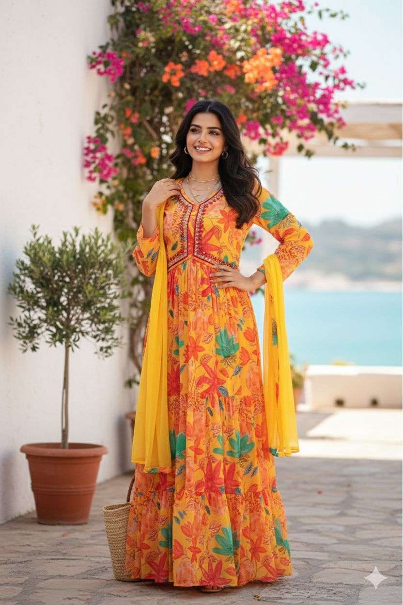 REAL MODELING MULTICOLOR ANARKALI GOWN DUPATTA FOR PARTY WEA...