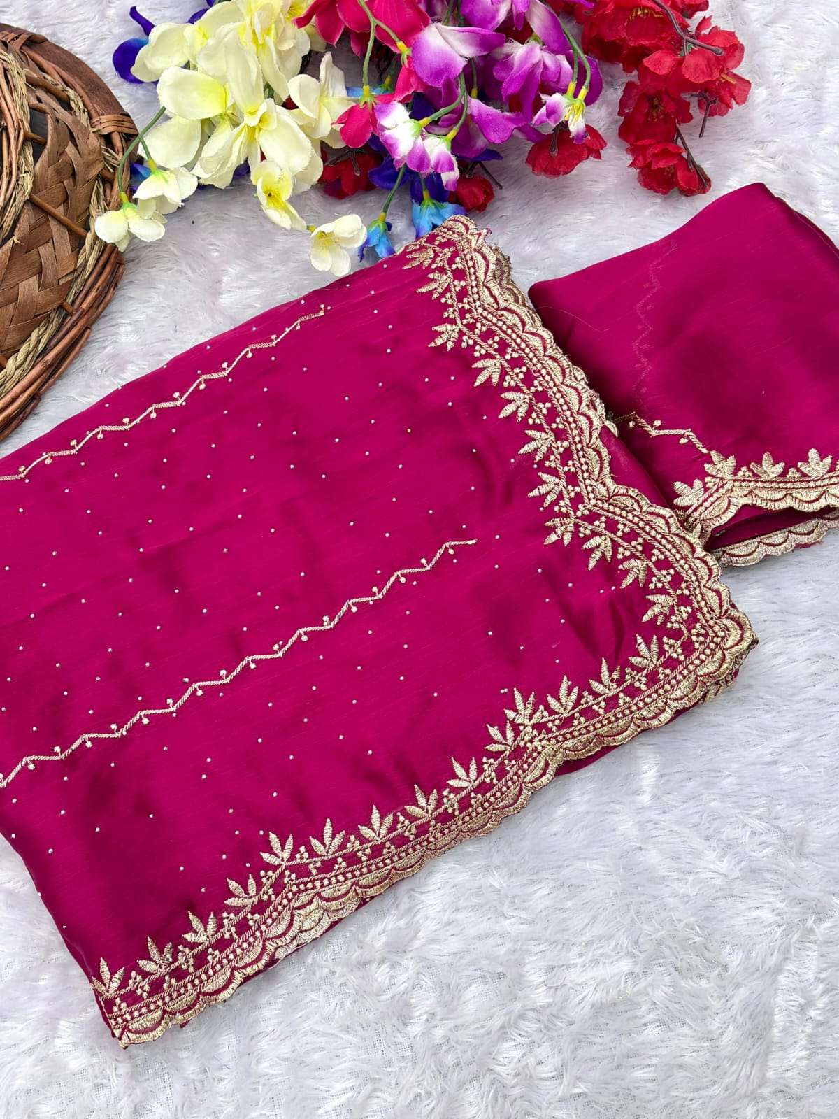 satin chiffon crush silk C Pallu with beautiful embroidery &...