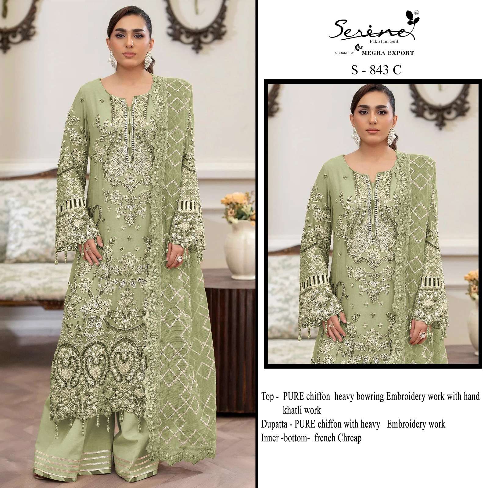 SERINE S 843 CHIFFON FABRIC HAND MOTI WORK PAKISTANI SHARARA...