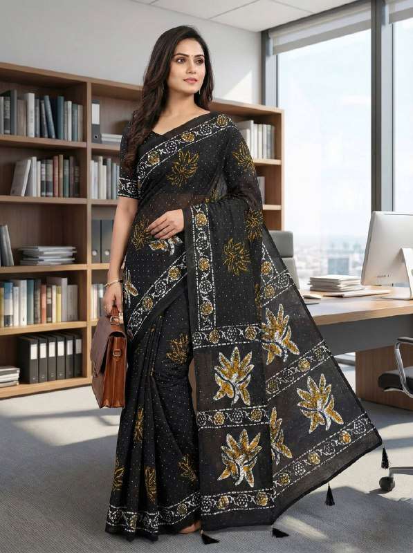 SOFT COTTON FABRIC BLACK SAREE TREND DESIGN SURAT RESELLER S...