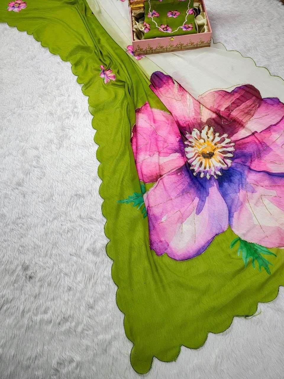 Soft pure Georgette handcrafted  beautiful colour flower Dig...