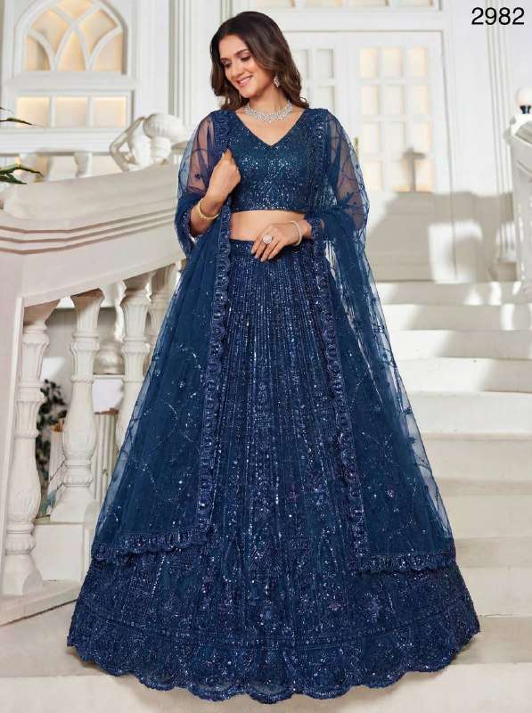 2982 VIRAL OUTFIT MOTI WORK BLUE LEHENGA CHOLI FOR PARTY WEA...