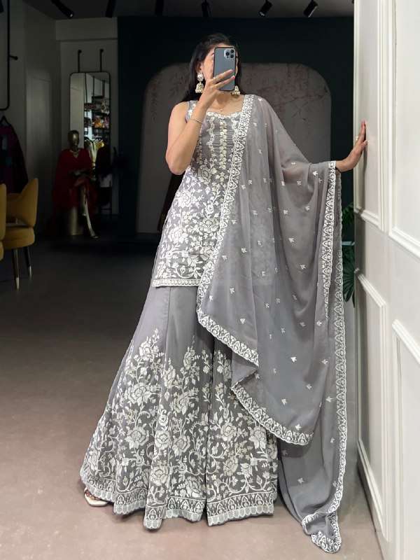 3042 GRY STITCHED BLOOMS AND STAR GEORGETTE GRAY SHARARA SUI...