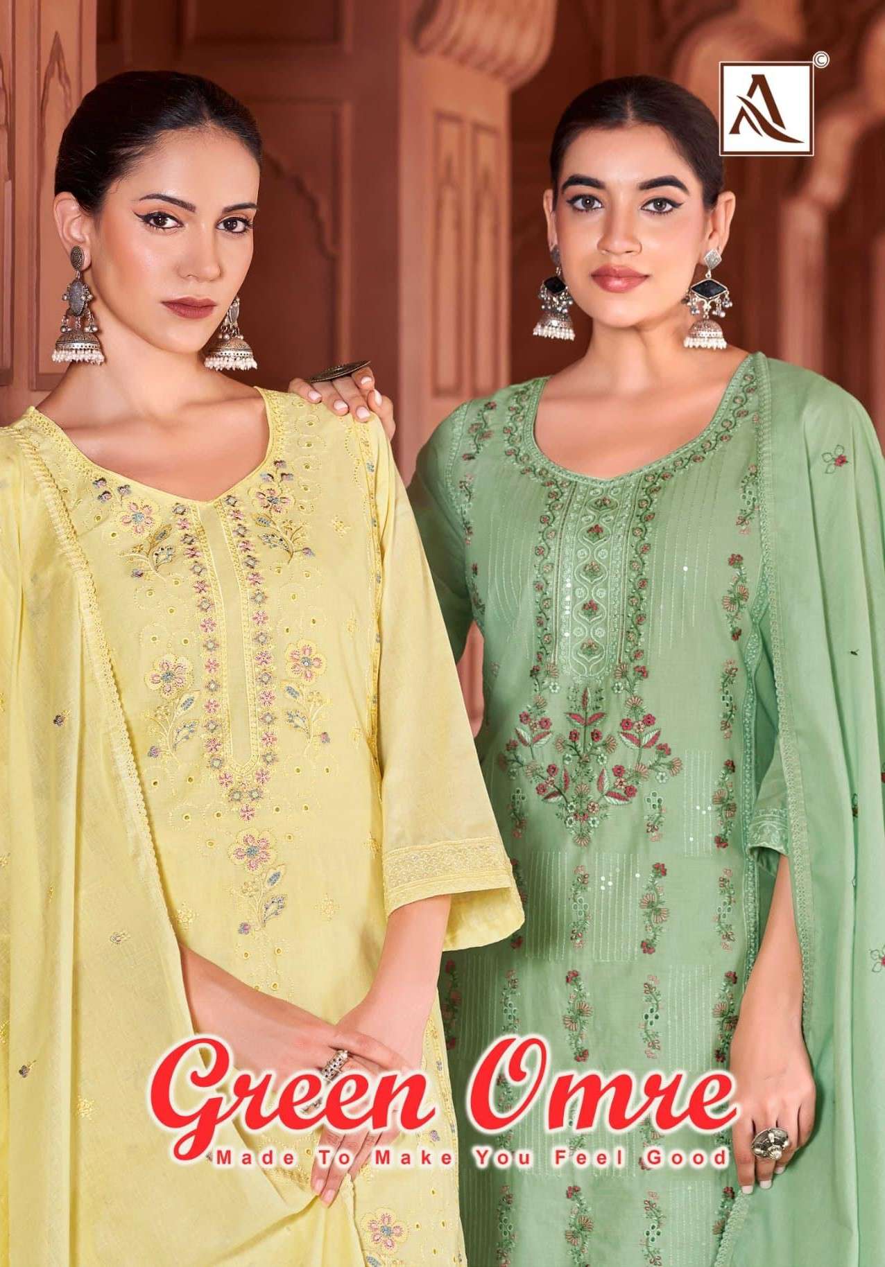 ALOK SUIT GREEN OMRE CAMBRIC COTTON PAKISTANI FANCY WORK SUI...