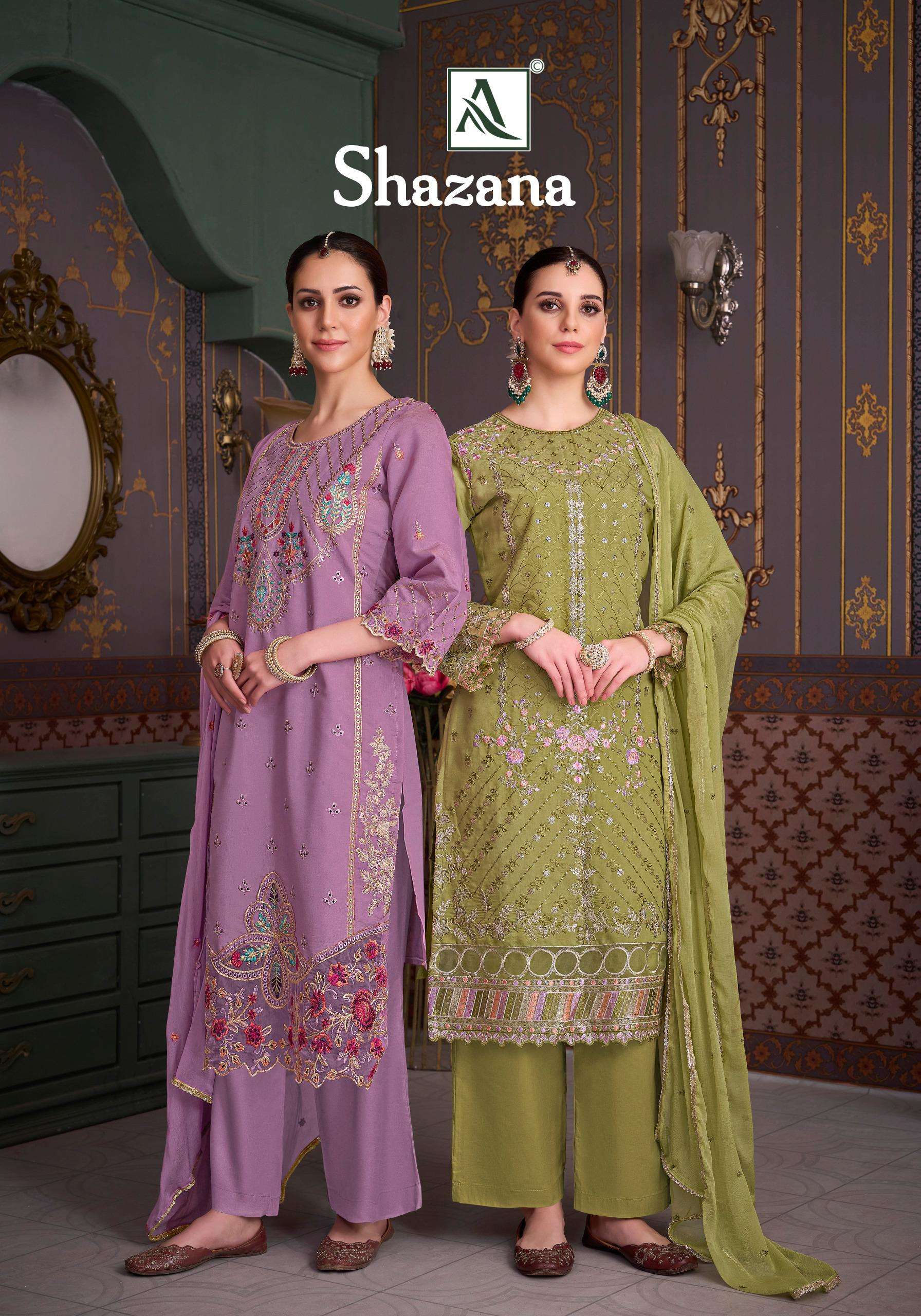 ALOK SUIT SHAZANA SHIMMER SILK FANCY WORK LADIES SUIT CATALO...
