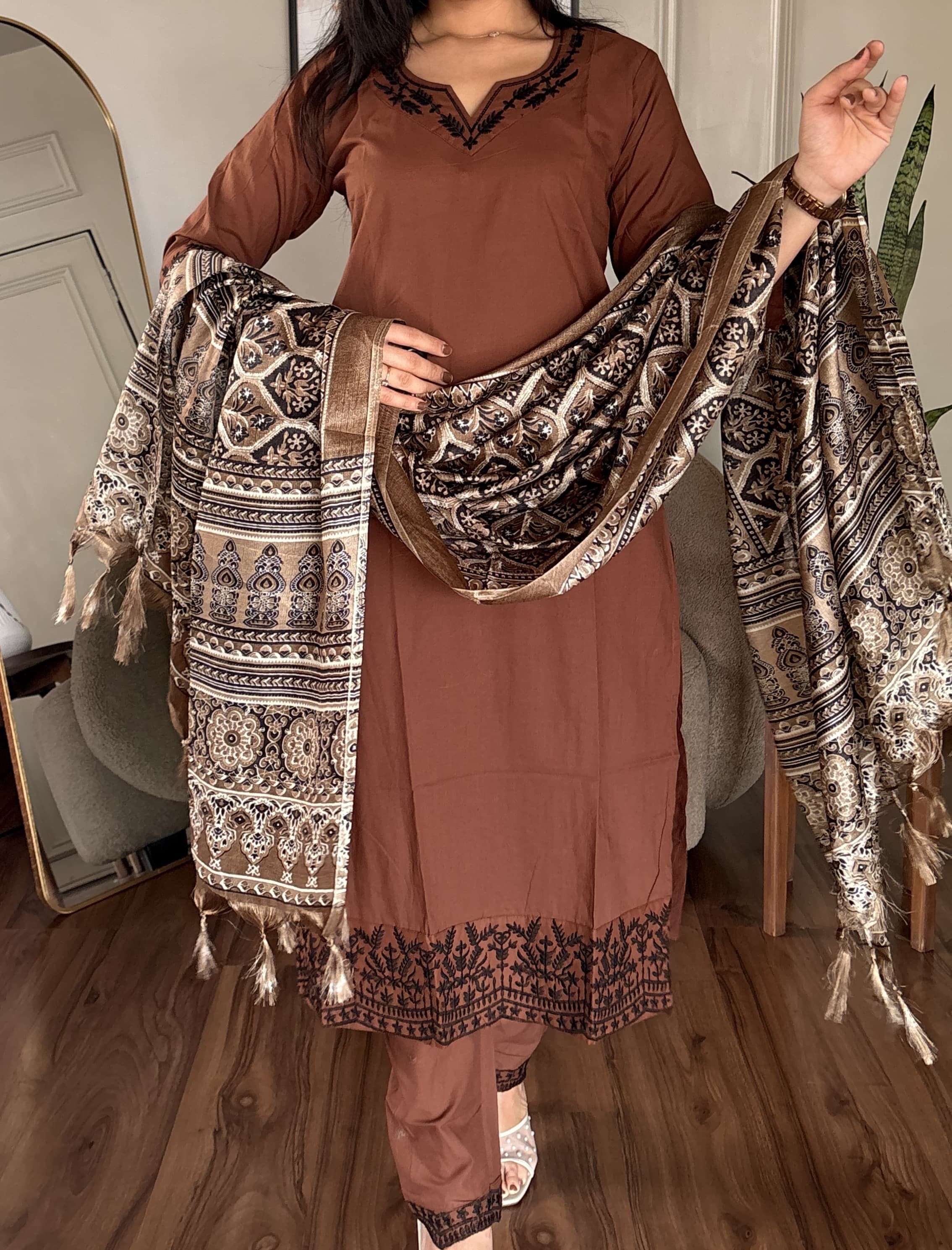 ATTRACTIVE COFFEE COLOR SUIT WITH JAIPUR DUPATTA AT RESELLER...