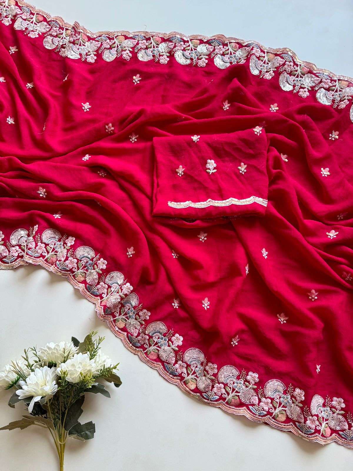 beautiful and Soft Crush Silk Fabric with Multi Color Embroi...