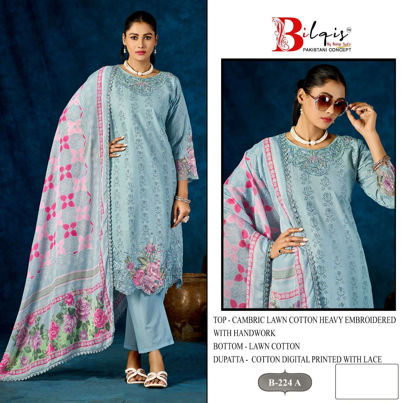 BILQIS B 224 CAMBRIC LAWN COTTON EMBROIDERED UNSTITCH SUIT L...